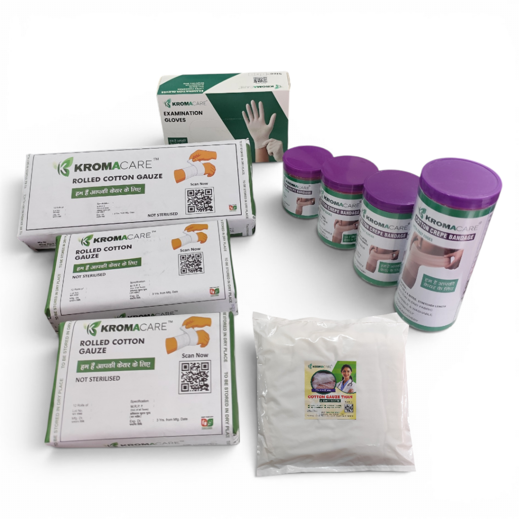 Kromacare Healthcare Products Range including Crepe Bandages, Cotton Gauze Rolls and Examination Gloves