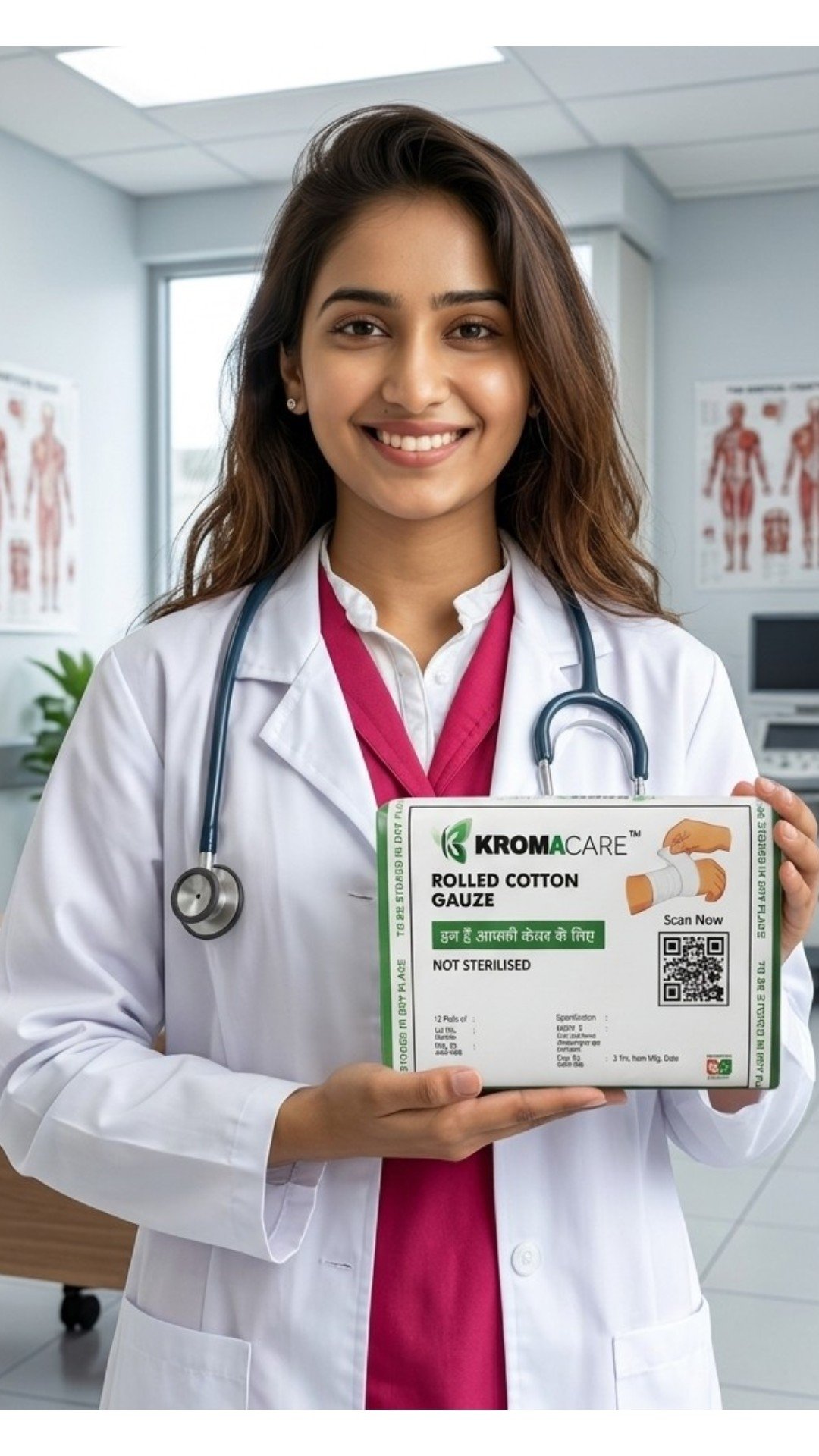 Healthcare professional holding Kromacare rolled cotton gauze product