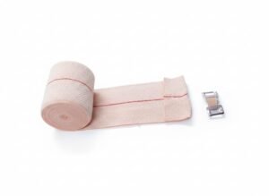 Kromacare 6cm x 4m cotton crepe bandage roll open view with metal closure clips